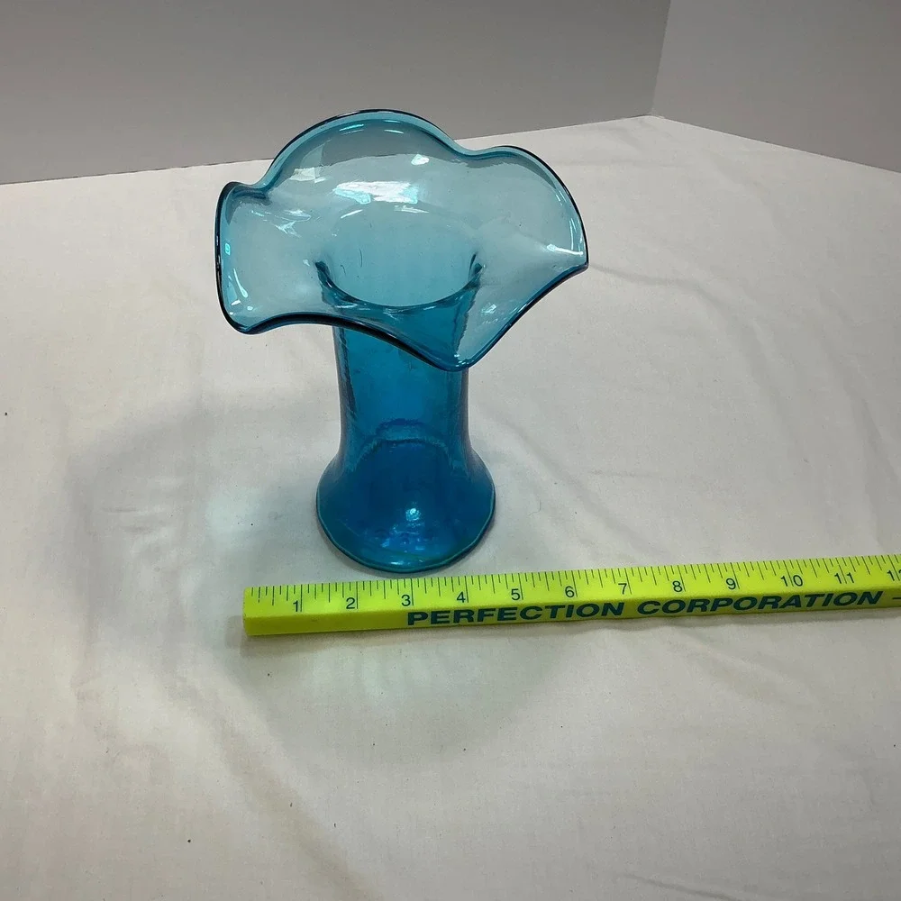 Blue Glass‎ Vase Ruffled Rim Decor Bud Vase Flower Vase Home Decor